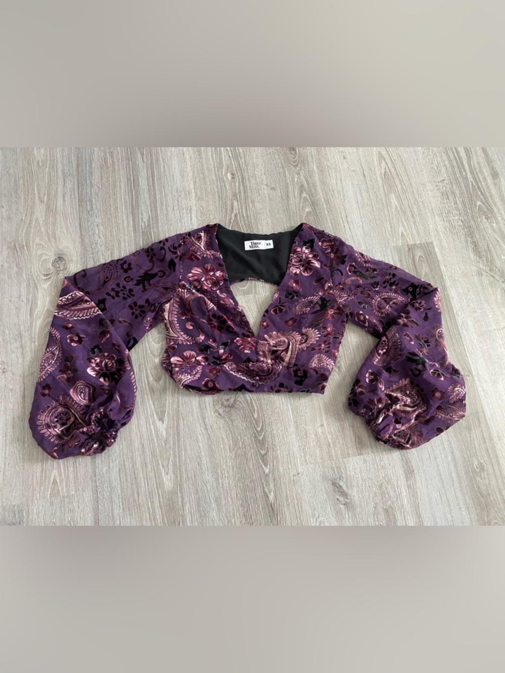 Tiger Mist Purple Velvet Paisley Cropped Wrap Top